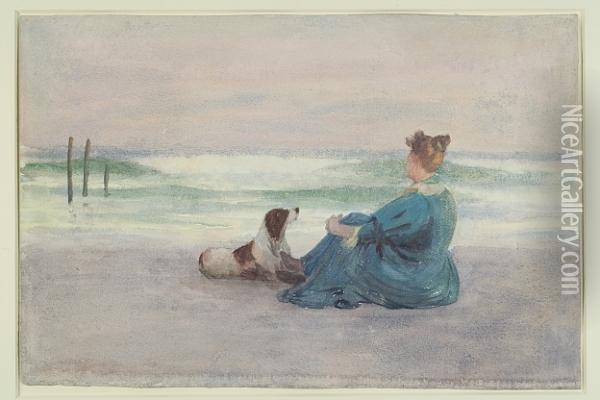 Woman And Springer Sitting On The Beach Oil Painting - Thomas Pollock Anschutz