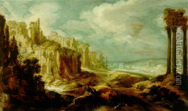 A Hilly Landscape With Classical Ruins Oil Painting - Jan Tilens