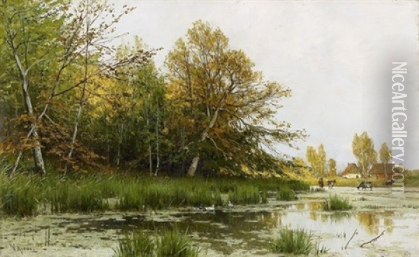 Feldlandschaft Mit Kleinem Teich Am Waldrand Oil Painting - Walter Moras