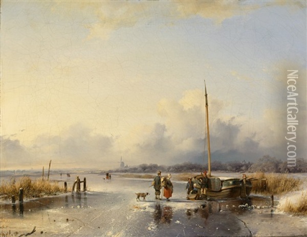 Zugefrorener Flusslauf Mit Reicher Personenstaffage An Einem Sonnigen Tag Oil Painting - Remigius Adrianus van Haanen