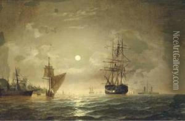A Nocturnal View Of Ships In Boston Harbor Oil Painting - Edward Hoyer