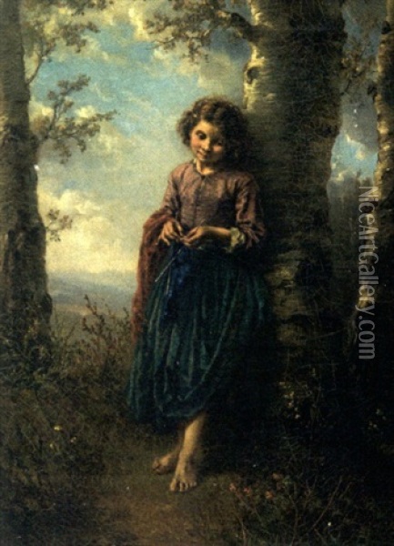 A Young Lady Leaning Against A Tree Oil Painting - Henry Campotosto
