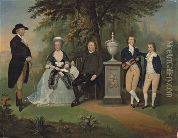 A Group Portrait Of The Wilson Family, With Mrs Wilson, Nee Hotham, The Reverend Edward Wilson And Their Two Sons, With Another Figure... Oil Painting - John Downman