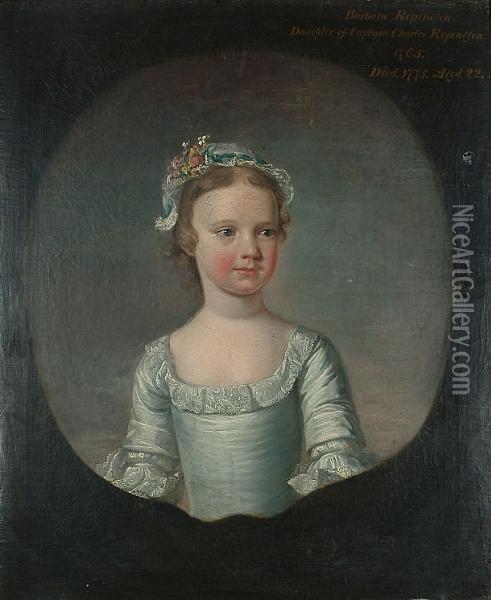 Portrait Of Barbara Repington As
 A Girl, Half-length, In A White Dress And A White Lace Cap With 
Flowers, In A Painted Cartouche. Oil Painting - George Beare