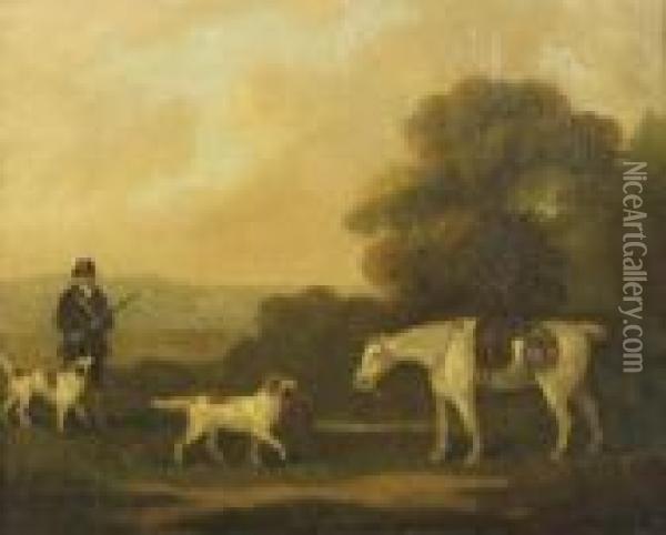 A Sportsman With Retrievers And A Pony In A Landscape Oil Painting - J. Francis Sartorius