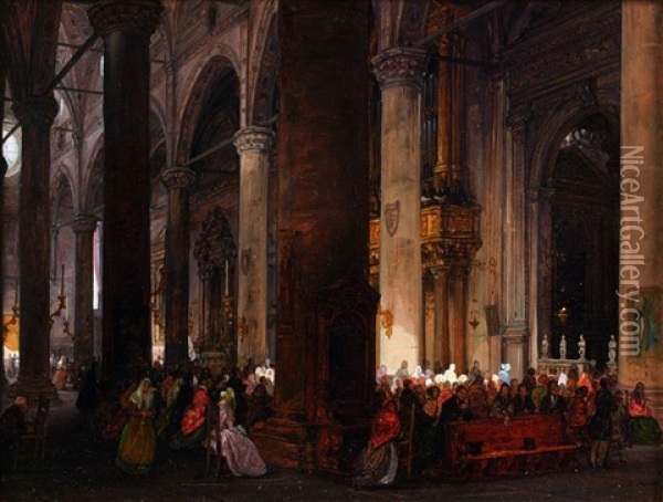 Interieur De La Basilique Sainte Anastasie De Verone Oil Painting - Giuseppe Canella I