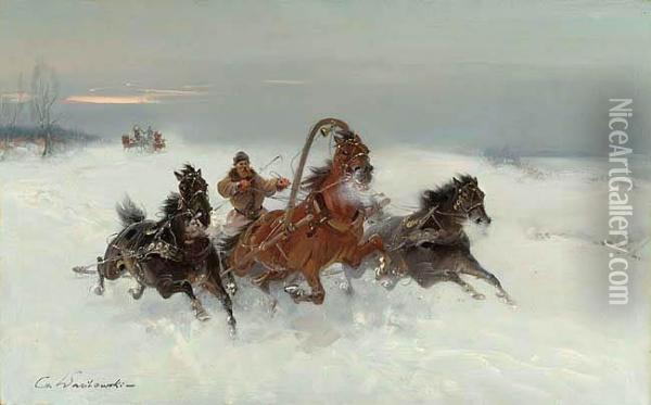 Trojki Pedzace W Zimowym Pejzazu Oil Painting - Ignacy (Czeslaw Wasilewski) Zygmuntowicz