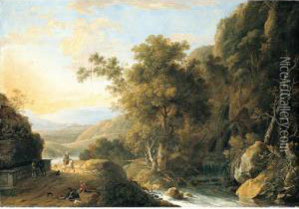 Southern Landscape With Travellers And Animals Beside A Fountain Near A Waterfall Oil Painting - Caspar Andriaans Van Wittel