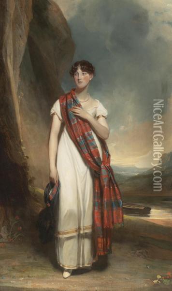 Portrait Of A Lady Wearing Plaid In A Landscape Oil Painting - Sir John Watson Gordon