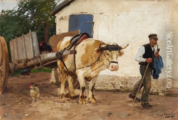 Farm With Ox Cart Oil Painting - Hugo Muehlig
