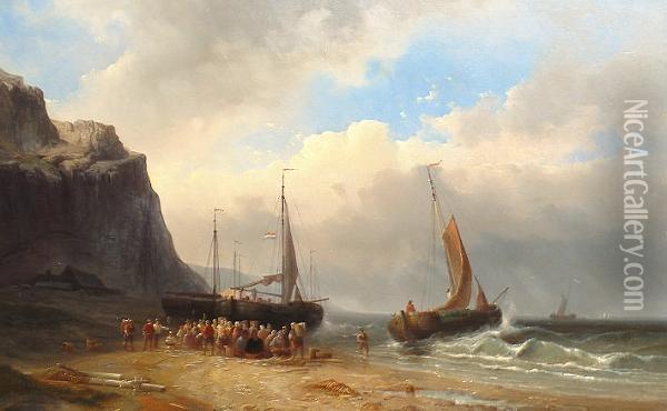 Fishing Boats Off A Coast With Fisherfolk Gathered On A Beach And Inscribed 'la Vigne Paris' (lower Left) Oil Painting - Emile Joseph Lavigne