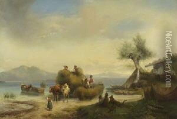 Bauern Mit Heubooten Am
 Seeufer. Oil Painting - Joseph Heinrich L. Marr