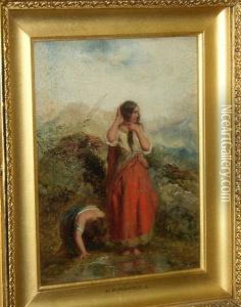 Young Girls Washing Their Hair, Signed And Dated 'p.f. Poole 1859' Oil Painting - Paul Falconer Poole