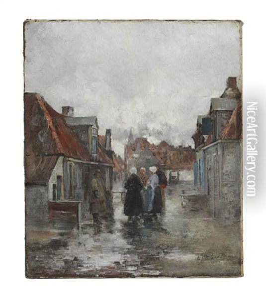 A Dutch Street Scene With Gathering Figures Oil Painting - George Hitchcock