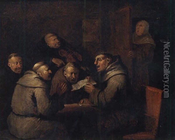 Monks Singing In An Interior Oil Painting - Egbert van Heemskerck the Younger