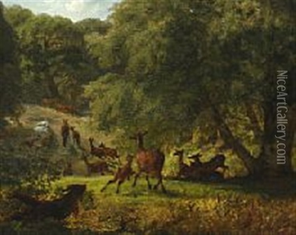 A Herd Of Deer Is Chased By A Dog Oil Painting - Lorenz Frolich