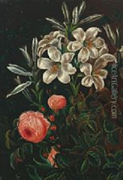 Still Life With Pink Roses And White Lilies Oil Painting - Christine Marie Lovmand