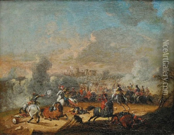 Combat De Cavalerie En Avant D'un Port Oil Painting - Karel Breydel