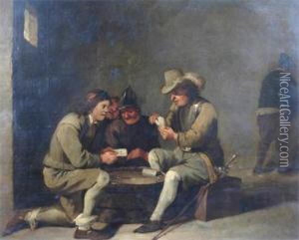 Tavern Interior, Men Playing Cards Oil Painting - David The Younger Teniers