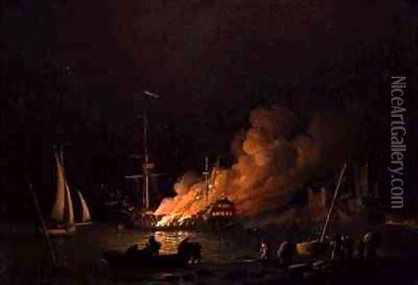 Ship on Fire at Night Oil Painting - Charles Brooking