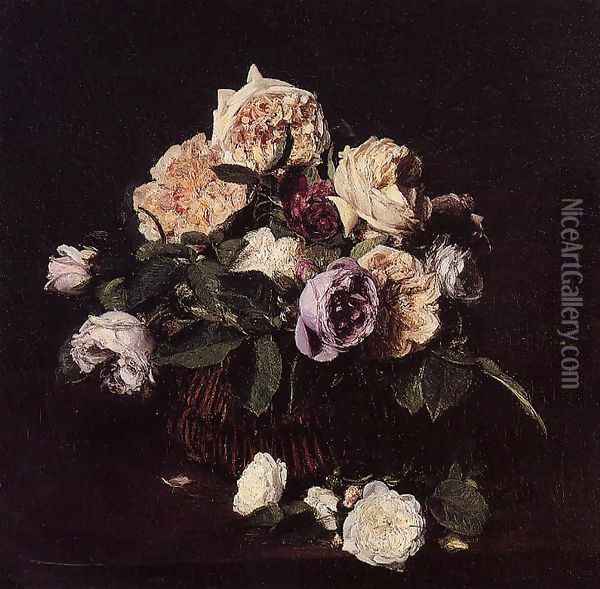 Roses in a Basket on a Table Oil Painting - Ignace Henri Jean Fantin-Latour