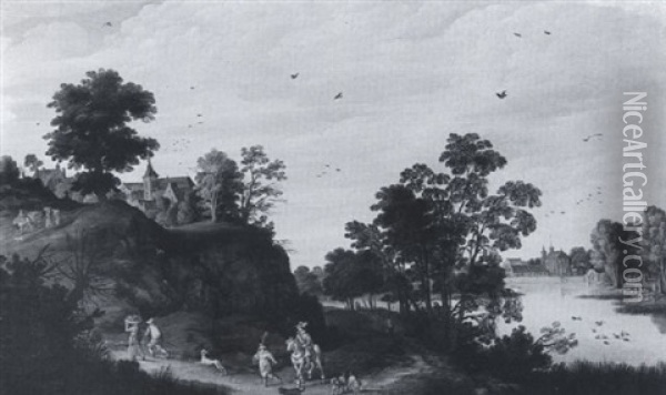 A River Landscape With Travellers On A Road Oil Painting - Joos de Momper the Younger