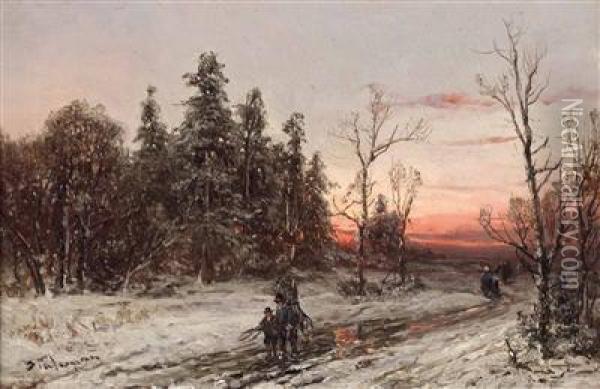 Die Heimkehrenden Reisigsammler Am Winterabend Oil Painting - Adolf Stademann