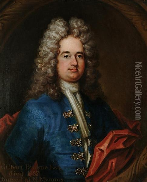 Portrait Half Length Of Gilbert Browne, Wearing A Blue Coat With Gold Embroidery And A White Stock, In A Painted Cartouche Oil Painting - Johannes Kerseboom