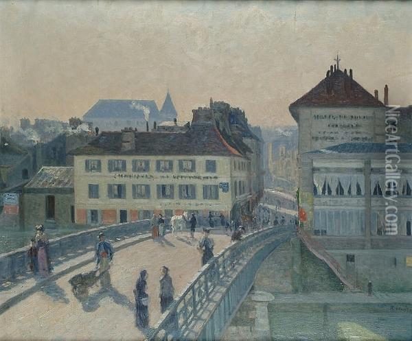 Figures On A Bridge In A Continental Town Oil Painting - Albert-Lucien Dubuisson