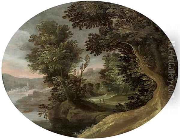 A wooded river landscape with travellers on a track Oil Painting - Marten Ryckaert