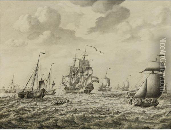 A Dutch Man-of-war Firing A Salute, With A Flotilla Of Fishingboats And Other Shipping Beyond: A Penschilderij Oil Painting - Adriaen Cornelisz. Van Salm