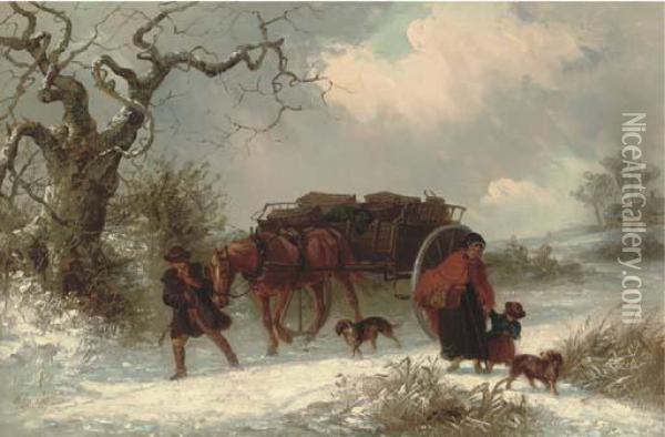A Carrier With Passengers Parting In A Winter Landscape Oil Painting - Thomas Smythe