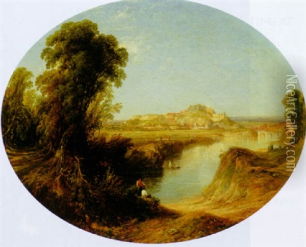 River Landscape With Figures Resting Along The Bank, A Hilltop Town Beyond Oil Painting - James Baker Pyne