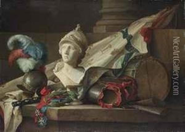 A Bust Of Minerva, Armour, Muskets, A Drum, A Standard, The Batonof Command Of A Marechal De France, A Laurel Wreath And The Ordersof Saint-louis And Of The Saint-esprit, All On A Stone Ledge Oil Painting - Anne Vallayer-Coster