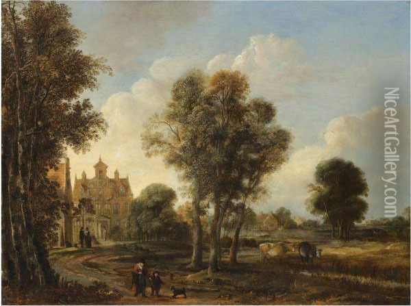 A Landscape With Figures On A Path Near A Country House Oil Painting - Aert van der Neer