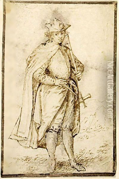 Study Of A Caped Gentleman, With A Stick And A Sword Oil Painting - Johan Wierix