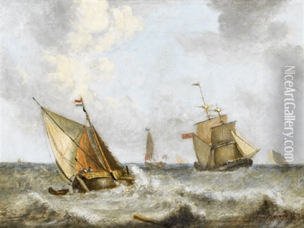 Segelschiffe Auf Rauer See Oil Painting - Pieter Cornelis Dommershuijzen