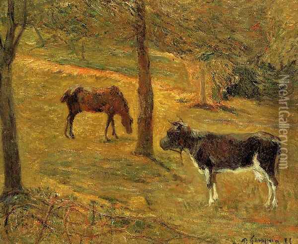 Horse And Cow In A Field Oil Painting - Paul Gauguin