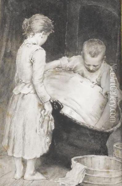 Zwei Kinder Beim Kesselputzen Oil Painting - Jules Blancpain