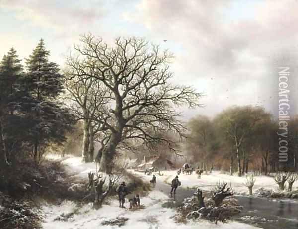 A winter landscape with wood gatherers and skaters Oil Painting - Barend Cornelis Koekkoek