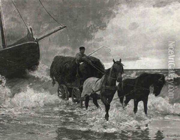 Fischer Mit Pferdefuhrwerk Am Strand Beim Entladen Seines Bootes Oil Painting - Hermann Baisch