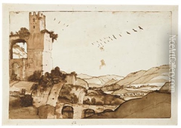 The Valley Of The Aniene, Near Tivoli, With The Ruins Of The Aqua Anio Novus Aqueduct Oil Painting - Claude Lorrain