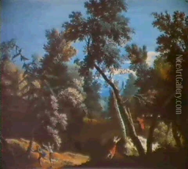 A Forest Landscape With Peasants Fleeing From A Bear Oil Painting - Marco Ricci