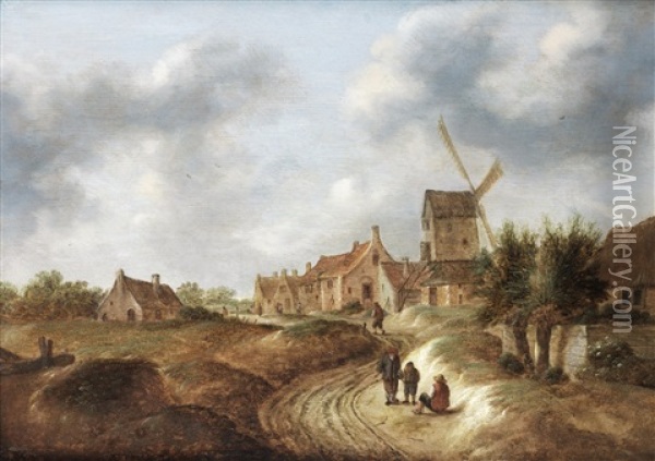 A Dune Landscape With Figures Resting On A Country Path, Before A Village Oil Painting - Nicolaes Molenaer