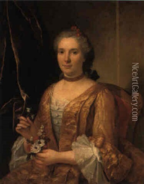 Portrait Of A Lady Beside A Curtain Holding A Posy Of Flowers Oil Painting - Donat Nonotte