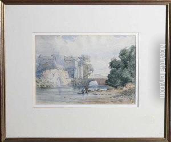 Two Anglers At A Riverbank Near A Castle Oil Painting - John Callow