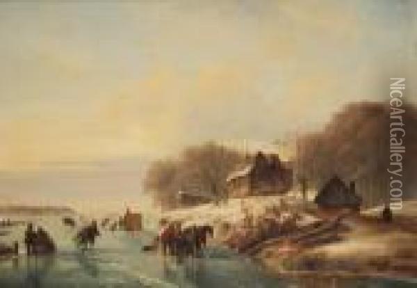 Skating In A Winter Landscape At Dusk Oil Painting - Nicholas Jan Roosenboom