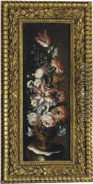 Tulips, Chrysanthemums, Morning Glory And Other Flowers In A Classical Urn On A Ledge Oil Painting - Mario Nuzzi Mario Dei Fiori
