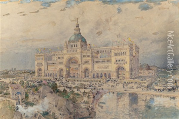 The Mackaye Spectatorium With Iowa Pavillion In Foreground, Columbian Exposition Oil Painting - Childe Hassam