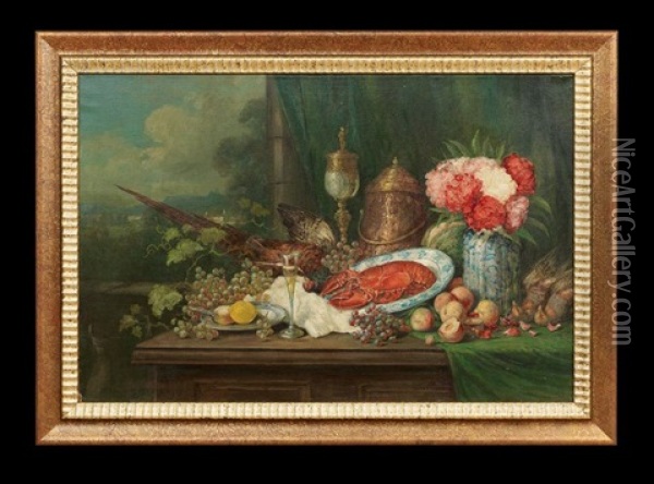 Abundant Still Life With A Pheasant, Lobster, Fruit And Flowers Oil Painting - Georg Sommer